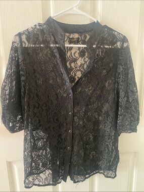 Guess Black Floral Lace Top with Gold Logo